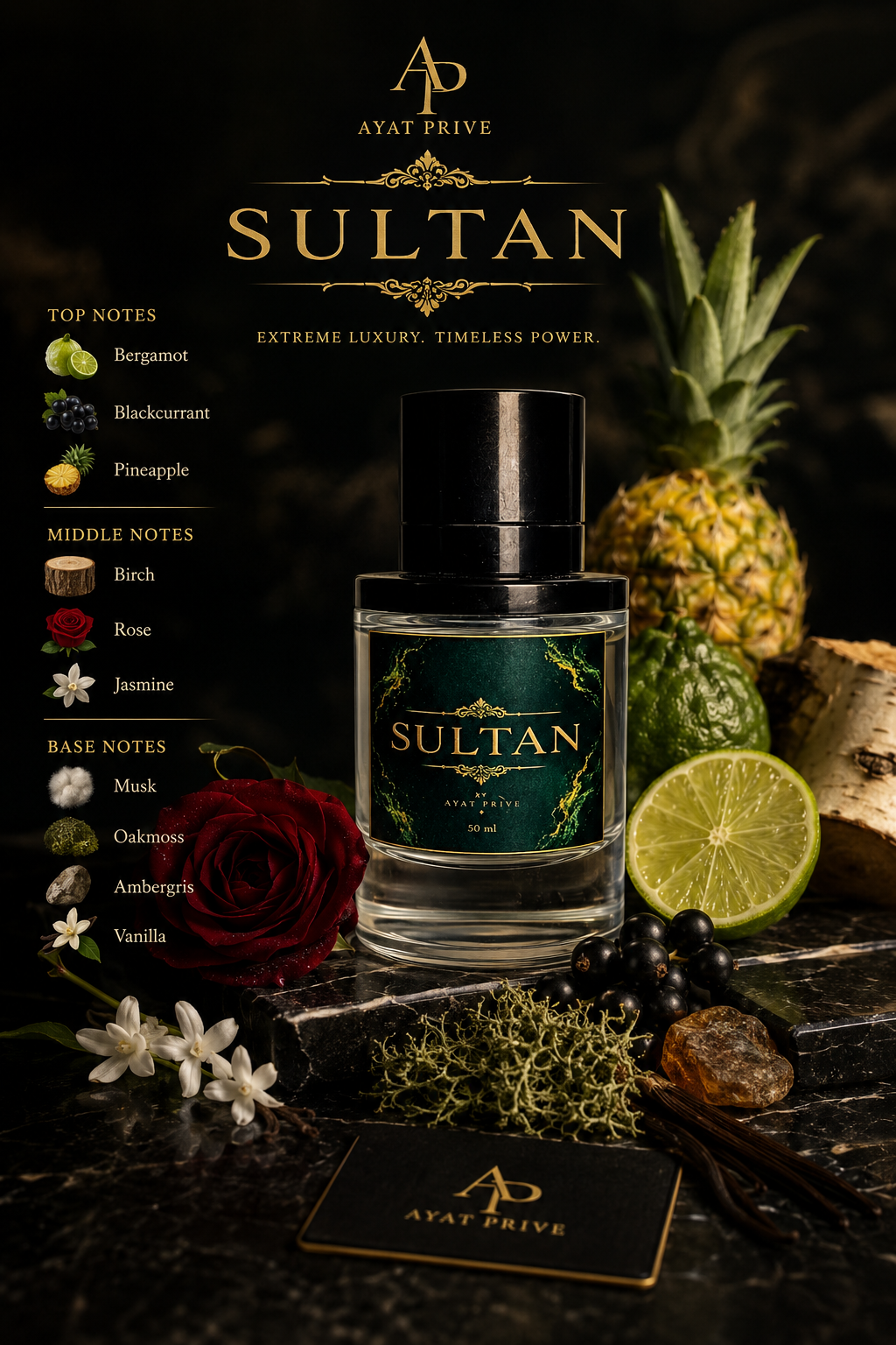 Sultan by Ayat Prive – bold woody perfume packaging
