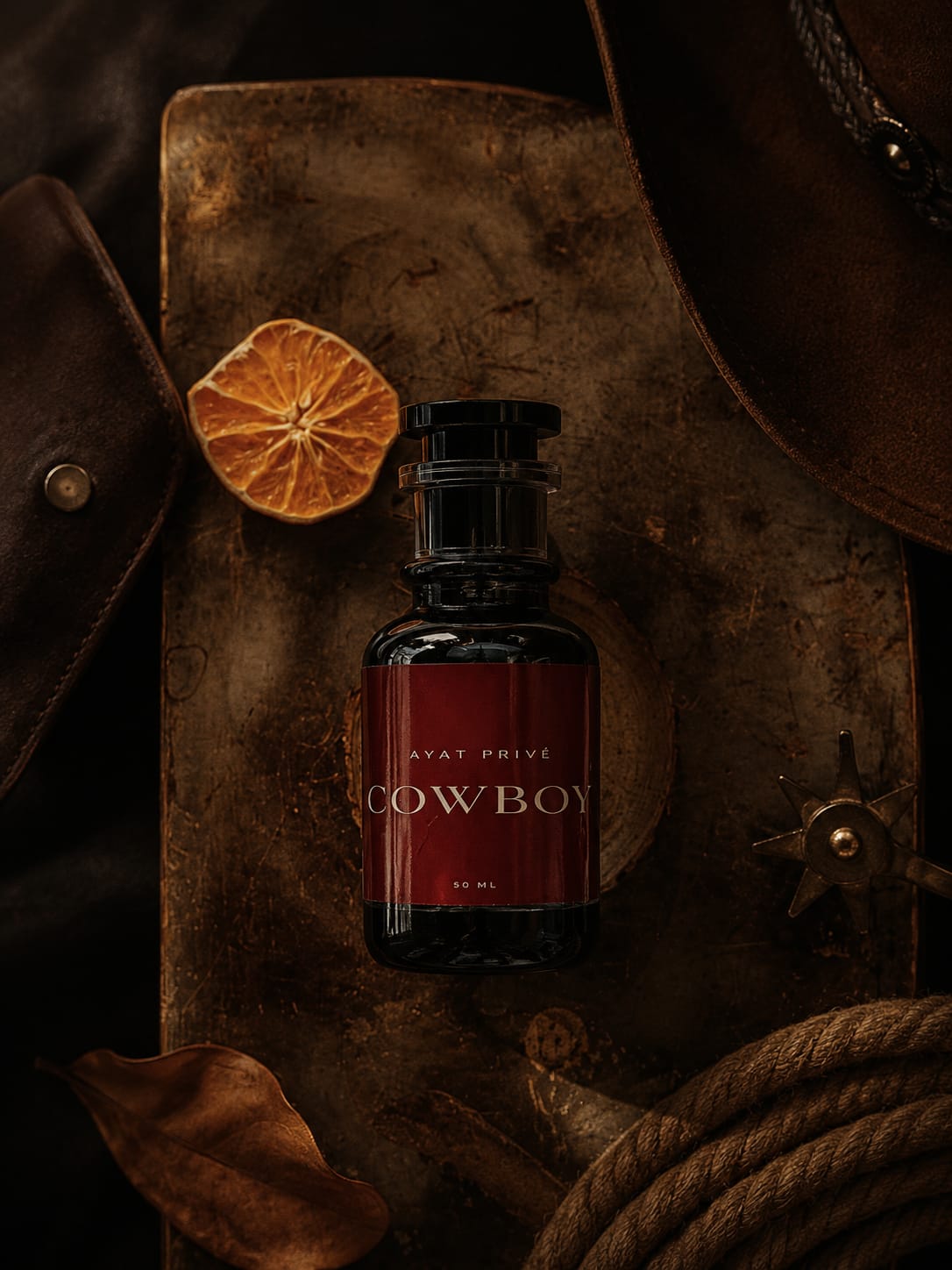 Cowboy by Ayat Privé – 50ml EDP bottle flat lay with leather and citrus